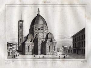 Cattedrale di Firenze - Veduta della Cattedrale di Firenze (Duomo Santa Maria del Fiore). La cupola fu realizzata da Filippo Brunelleschi intorno al 1420-1436, Firenze, Italia - Incisione da 