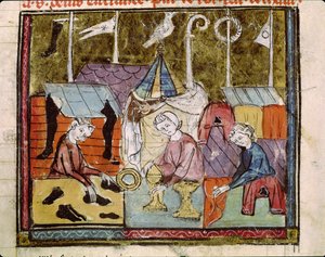 Fol.122v Mercanti alla Fiera di Lendit vicino a St. Denis, dalle Grandes Chroniques de France, 1375-79