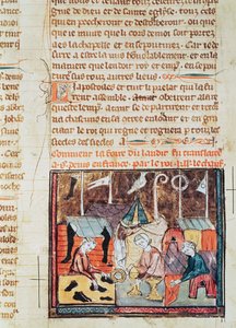 Fol.122v Mercanti alla fiera di Lendit vicino a St. Denis, da le Grandes Chroniques de France, 1375-79