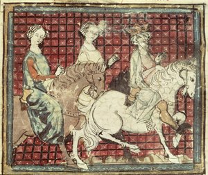 Fol.31r Chilperico I (543-97) e Fredegonda a cavallo, dalle Grandes Chroniques de France, 1375-79 da French School