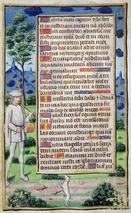 Fol.50v Pagina di testo con un dettaglio di bordo di un musicista che fa ballare il suo cane, da 