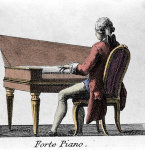 Pianista di forte piano. Incisione della fine del XVIII secolo da French School
