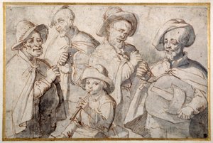 Quattro suonatori di ghironda e un ragazzo con un flauto, c.1650-99