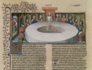 Fr.120 f.524v I Cavalieri della Tavola Rotonda da La storia di Lancillotto, da La Quite de Saint Graal da French School
