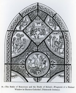 Frammento di una vetrata nella Cattedrale di Chartres, raffigurante la Battaglia di Ronceveaux e la Morte di Rolando, illustrazione da Scienza e Letteratura nel Medioevo e Rinascimento