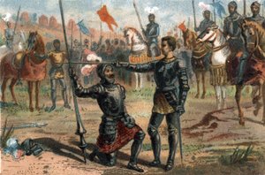 Francesco I di Francia chiede di essere nominato cavaliere dal Cavaliere Bayard dopo la vittoria nella battaglia di Marignano, Italia