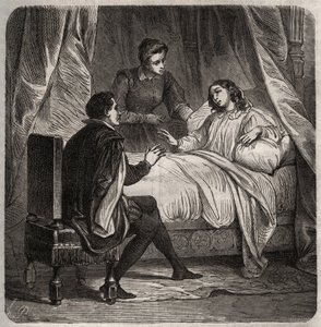 Francoise de Foix, Contessa di Chateaubriant (ca. 1495-1537), malata, riceve Clement des Marets detto Marot (1496-1544), il valletto di Francesco I, a letto. Incisione del 1871 in "Histoire Des Cocuses Celebres" di Henry de Kock da French School