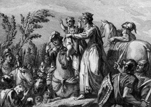 Fredegonda (545-597), regina di Neustria, tiene in braccio suo figlio, il futuro Clotario II (584-628); 584. Incisione del XVIII secolo