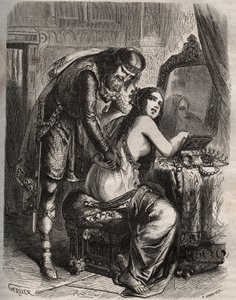 Fredegonda (545-597) prende il marito, re dei Franchi Chilperico I (543-597), per il suo amante, Landerico. Il re scopre che sua moglie lo tradisce. Incisione del 1871 in "Histoire Des Cocus Célèbres" di Henry de Kock (1819-1892). da French School