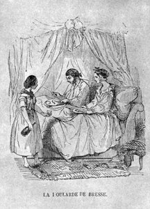 Illustrazione francese di una persona a letto con la gotta. 1848 da French School