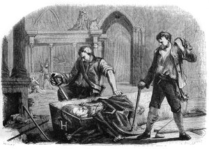 Rivoluzione Francese (Convenzione): apertura della bara di Re Enrico IV durante la profanazione delle tombe reali della chiesa di Saint Denis nel 1793. Incisione del 1860