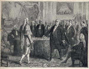 Rivoluzione Francese - Assemblea Generale del 23/06/1789: Honoré Gabriel Riqueti, Conte di Mirabeau (1749-1791) apostrofa Henri Evrard, Marchese di Dreux-Brézé (1762-1829). Incisione del 1889. Collezione privata da French School