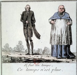 Rivoluzione Francese: vignetta sulla scomparsa dei privilegi del clero rappresentante un prete magro e un vescovo corpulento e grasso del tempo dell
