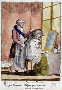 Rivoluzione francese: Caricatura sulla fuga della famiglia reale a Varennes il 20 e 21/06/1791: il re Luigi XVI che acconcia la regina Maria Antonietta doveva partire con il falso passaporto di governante dei figli della baronessa di Korff. Anonima incisio da French School