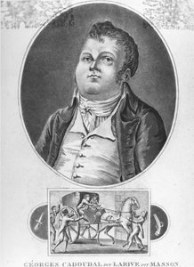 Rivoluzione Francese: Georges Cadoudal (detto Larive, detto Masson), un cospiratore francese che fu uno dei leader dei Chouans e che organizzò due complotti contro Bonaparte, fu giustiziato il 25 giugno 1804 - incisione, coll. museo Dobrée, Nantes