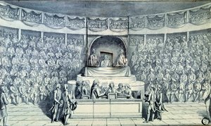Rivoluzione francese: Re Luigi XVI (1754-1793) al timone è interrogato da Antoine Barnave (1761-1793) durante il suo processo davanti alla Convenzione Nazionale che deciderà sulla sua condanna a morte il 21/01/1793. Disegno anonimo intorno al 1793. Parigi, da French School
