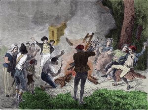 Rivoluzione francese: "Il popolo brucia il telegrafo di Claude Chappe, nel parco di Saint-Fargeau a Menilamount, nel settembre 1792, credendo che fosse un dispositivo destinato a comunicare con la famiglia reale rinchiusa nella prigione del Tempio" Incisio da French School