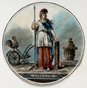 Rivoluzione Francese: allegoria della Libertà come donna vicino a un alveare e un gallo