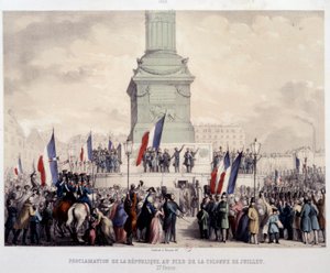 Rivoluzione francese del 1848: proclamazione della Seconda Repubblica ai piedi della colonna di luglio in Place de la Bastille il 25/02/1848. Litografia del XIX secolo. Parigi, Musee Carnavalet da French School