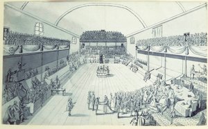 Rivoluzione francese: la nascita della Costituzione nel settembre 1791 redatta da Guy Jean-Baptiste Target (1733-1807) nella sala del Jeu de Paume a Versailles dove i deputati avevano prestato giuramento il 20/06/1789. Disegno anonimo intorno al 1791. Pari da French School