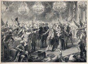 Rivoluzione Francese: i realisti giurano fedeltà alla monarchia alla presenza del Re Luigi XVI (1754-1793) della Regina Maria Antonietta (1755-1793) e del delfino al banchetto delle guardie del corpo organizzato il 1 ottobre 1789 nell