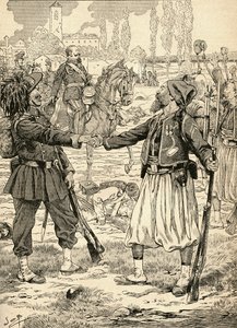 Soldati francesi e sardi che si stringono la mano per celebrare la loro vittoria contro gli austriaci dopo la battaglia di Palestro, Italia da French School