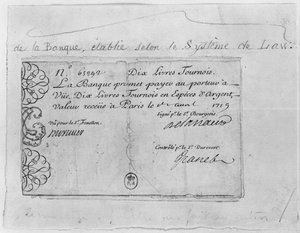 Banconota francese da dieci sterline della Law Bank, datata 1 aprile 1719