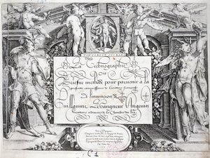 Calligrafia francese: Tecnografia, frontespizio di Guillaume Le Gangneur intorno al 1599. Biblioteca storica della città di Parigi. da French School