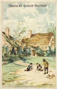 Bambini francesi che giocano a biglie fuori dal cottage da French School