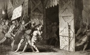 Cavalieri francesi attaccano una città inglese durante la Guerra dei Cent