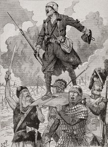 Poster di propaganda francese intitolato "On Les Aura", o Li Avremo. Quattro soldati di diversi periodi storici portano uno soldato della Prima Guerra Mondiale ferito ma sfidante su uno scudo. Da Agenda Buvard du Bon Marche pubblicato nel 1917.