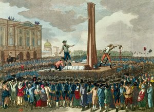 Rivoluzione francese: esecuzione alla ghigliottina di Re Luigi XVI, il boia presenta la sua testa tagliata. Incisione dopo un disegno di Fious. XVIII secolo. Parigi, Museo Carnavalet