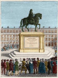 Rivoluzione francese: rovesciamento della statua del re Luigi XIV (1643-1715), Place Vendome a Parigi da French School