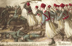 Zouaves francesi catturano un pezzo di artiglieria tedesca a Montmirail, Prima Guerra Mondiale