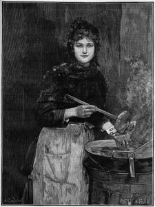 Venditore di patate fritte; incisione del 1888 dal dipinto di Achille Foald.