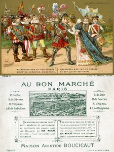 Fronte e retro di una carta promozionale per il grande magazzino parigino Au Bon Marché, raffigurante una delle canzoni popolari più famose in lingua francese, Marlbrough sen va-t-en guerre