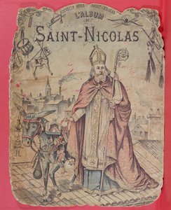 Copertina di un album illustrato raffigurante San Nicola che porta regali ai bambini, fine XIX secolo da French School