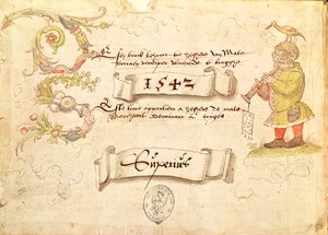 Frontespizio da Recueil de chants religieux et profanes IX raffigurante un uomo con occhiali che suona uno strumento a fiato con un uccello sulla testa, 1542 da French School