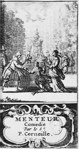 Frontespizio di Le Menteur di Pierre Corneille (1606-84) pubblicato nel 1664, Amsterdam da French School