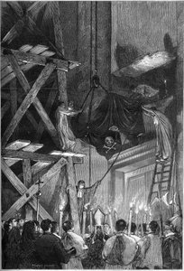 Funerale di Papa Pio IX (1792-1878): la sepoltura del corpo nella Basilica di San Pietro a Roma. Incisione in "Le Monde Illustré" n.1093 del 9 marzo 1878 da French School