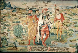 Galathes, 11° Re dei Galli con una mappa della Gallia dietro, dettaglio di un arazzo sulla storia dei Re dei Galli, Officina di Arras, c.1530