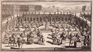 Giardinieri che lavorano in un giardino di aranci, da Le Parfait Jardinier, ou Instruction pour les Jardins Fruitiers et Potager, di Jean de la Quintinye, pubblicato 1695