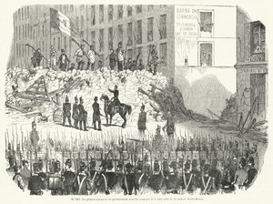 Generale Lamoriciere che negozia con i lavoratori armati che difendono la loro barricata fuori dalla caserma di Saint Martin, Parigi, 23 giugno 1848 (incisione) da French School