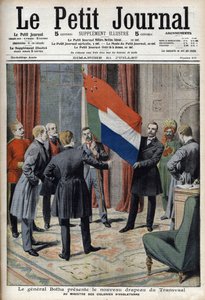 Il generale Pieter Willem Botha (un boero) presenta la nuova bandiera del Transvaal (Sudafrica) al ministro coloniale inglese Lord Elgin - 