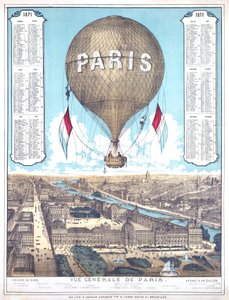 Veduta generale di Parigi e elenco dei luoghi di partenza dei palloni durante l