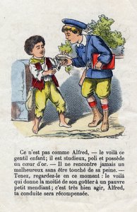 Generosità. Bambino che dà metà del suo spuntino a un piccolo mendicante. Alfabeto dei bambini. Abecedario con valore morale contenente esercizi di lettura. Immagini di Epinal fine XIX secolo da French School