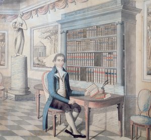 Gentiluomo che legge nella sua biblioteca da French School