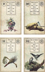 Edizione tedesca del mazzo di cartomanzia francese Lenormand: I Fiori, La Falce, La Verga, La Frusta, Gli Uccelli, pubblicato da Dondorf, Francoforte, XIX secolo