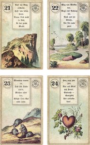 Edizione tedesca del mazzo di cartomanzia francese Lenormand: La Montagna, La Strada, I Topi, Il Cuore, pubblicato da Dondorf, Francoforte, XIX secolo da French School