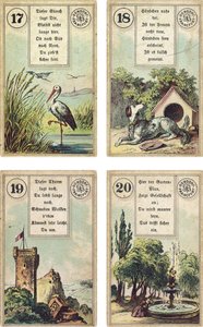 Edizione tedesca del mazzo di cartomanzia francese Lenormand: La Cicogna, Il Cane, La Torre, Il Giardino, pubblicato da Dondorf, Francoforte, XIX secolo